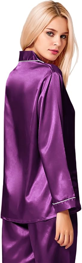 SWOMOG Womens Silk Satin Pajamas Set Long Sleeve Button Down Sleepwear 2 Piece Lounge Set Pj Set XS-3XL