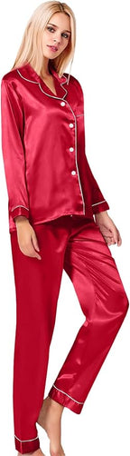 SWOMOG Womens Silk Satin Pajamas Set Long Sleeve Button Down Sleepwear 2 Piece Lounge Set Pj Set XS-3XL