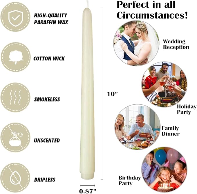 12-Pack Ivory Taper Candles, 10 Inch Unscented Dripless Candlesticks, Long-Lasting Burn Time of 7-8 Hours, Perfect for Home Décor, Weddings, and Events