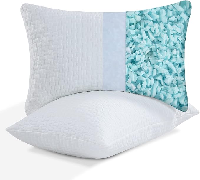 HOMBYS 2 Pcs Extra Firm Bed Pillows for Sleeping, Shredded Memory Foam Pillows Standard Size, for Side, Back, Stomach Sleepers,40% Viscose Made from Bamboo Cooling Cover