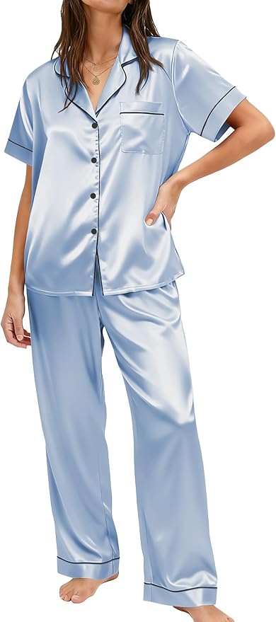 Ekouaer Womens Silky Satin Pajamas Set Short Sleeve Button Down Sleepwear 2 Piece Lounge Set Pj Set