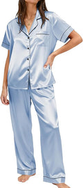 Ekouaer Womens Silky Satin Pajamas Set Short Sleeve Button Down Sleepwear 2 Piece Lounge Set Pj Set