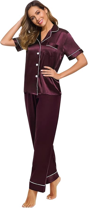 SWOMOG Women Satin Pajamas Set Short Sleeve Top & Pants Sleepwear Silky Button Down Nightwear 2pcs Loungewear Pjs Set