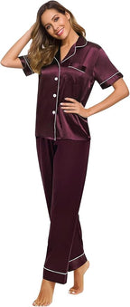SWOMOG Women Satin Pajamas Set Short Sleeve Top & Pants Sleepwear Silky Button Down Nightwear 2pcs Loungewear Pjs Set