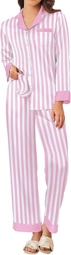 Ekouaer Silk Pajamas for Women Long Sleeve Satin Pajama Set Silky Pj Sets 2 Piece Button Down Loungewear Sleepwear