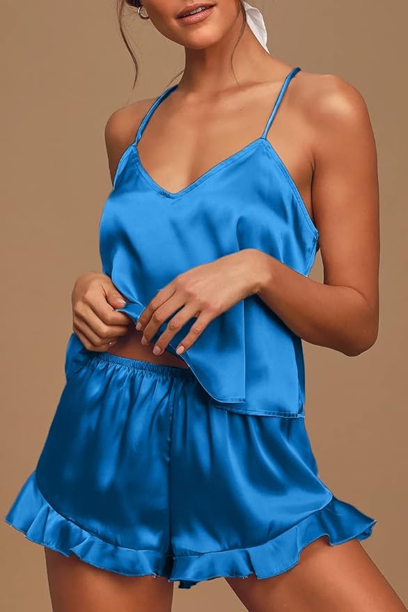 CHYRII Women's Sexy Silk Satin Ruffled Pajamas Sets Cami Shorts Sets Sleepwear