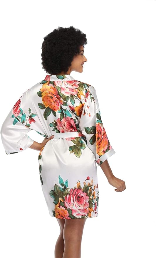 MissNina Women's Floral Satin Kimono Robes Short Silky Bridesmaid Robes Sleepwear