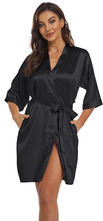 Women's Pure Short Kimono Robes Bride Bridesmaids Silky Bathrobe Lightweight Satin Sleepwear
