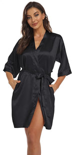 Women's Pure Short Kimono Robes Bride Bridesmaids Silky Bathrobe Lightweight Satin Sleepwear