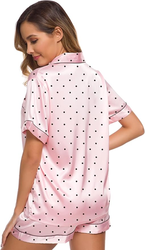 SWOMOG Womens Silk Satin Pajamas Set Short Sleeve Sleepwear Button Down Top and Shorts Loungewear 2 Piece Pjs Set XS-3XL