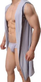 Lu's Chic Men's Silk Kimono Robe Hooded Bathrobe Sleeveless Lightweight Sleepwear Pajamas
