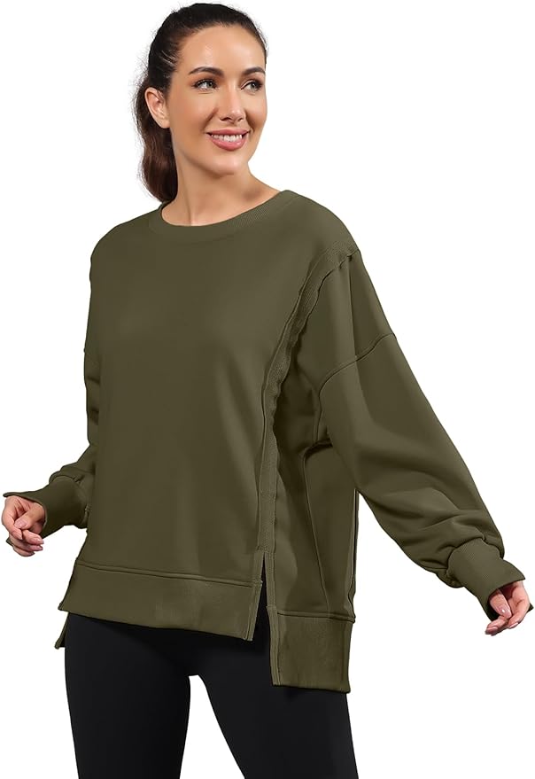 Nirovien Womens Oversized Crewneck Sweatshirt Side Slit Long Sleeve Pullover Slouchy Fit Tops