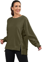 Nirovien Womens Oversized Crewneck Sweatshirt Side Slit Long Sleeve Pullover Slouchy Fit Tops