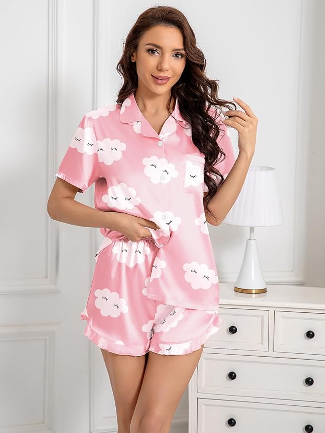 Umeyda Girls & Women Satin Pajamas Set Button Down 2 Piece Silk Pjs Shorts Set Ruffle Sleepwear, 5 Years-Women L