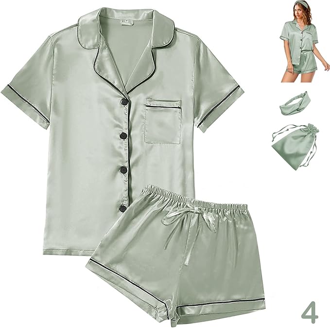WJing Yi Jia 4Pcs Womens Satin Silky Pajama Sets Short Sleeve Shirt XS-4XL Floral Pajamas Set Soft PJ Loungewear Sleepwear