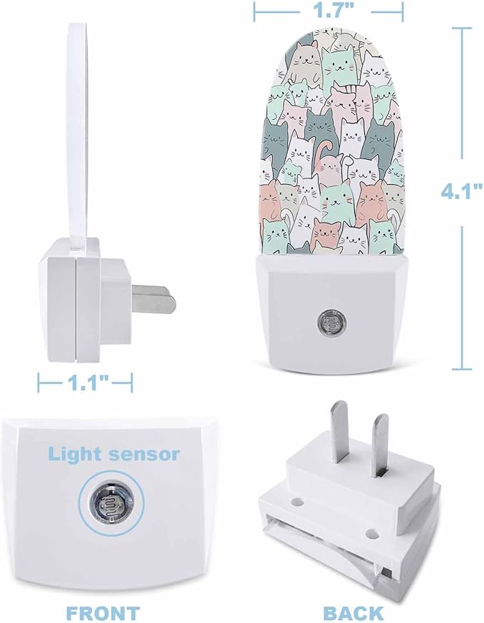 Night Light Plug into Wall, Cats Animals Lines Cute Peach Gray White Pale Turquoise Popsicle Shape Night Light LED Nightlight with Light Sensors for Kids Bedroom Hallway