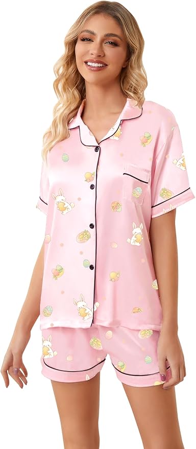 Umeyda Women & Girls Pajamas Set, Soft Satin Lightweight Silk Button-Down Top with Shorts 2 Piece PJS for Mom Boys Kids Gifts