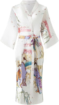 Valennia Women Long Silky Bathrobe Satin Kimono Robe Floral Printed Dressing Gown Sleepwear