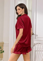 WJing Yi Jia Ruffle Pajama Sets For Women XS-4XL Womens Silk Satin Pajamas Set Silky Sleepwear Pj Sets Nightwear Loungewear