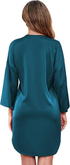 Ekouaer Satin Nightgowns for Women Silk Sleepwear Button Down Sleepshirt 3/4 Sleeve V-Neck Nightshirts with Pockets
