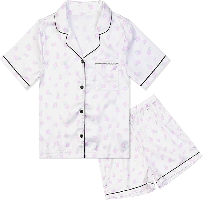 QPANCY Kids Satin Pajamas Sets Baby Boy Girl Button-Down Silk Sleepwear 2 Piece Short Sleeve Loungewear Clothes Set