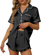 SAPJON Satin Silk Pajamas for Women 2Pcs Ruffle Notch Collar Sleepwear Button Down Short Sleeve Shorts Pjs Set Loungewear