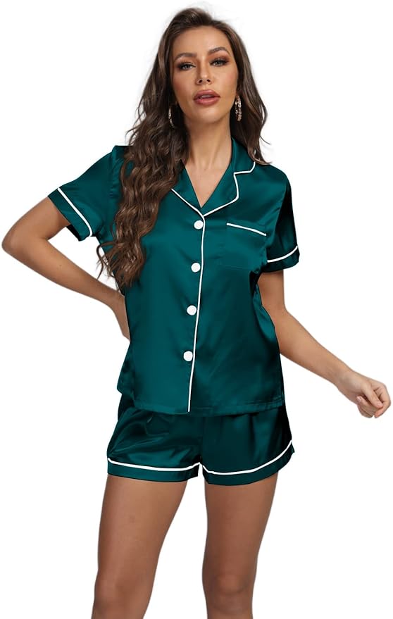 LYANER Women's Silky Satin Pajamas Set Short Sleeve Button Down Shirt With Shorts Pjs Set Sleepwear