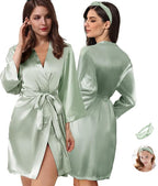 WJing Yi Jia 2Pcs Womens Floral Kimono Robe Silk Robes Bride Bridesmaid Satin Robes Bridal Dressing Gown Silky Bathrobe