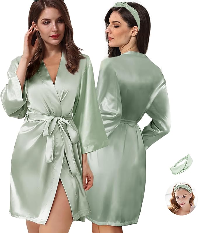 WJing Yi Jia 2Pcs Womens Floral Kimono Robe Silk Robes Bride Bridesmaid Satin Robes Bridal Dressing Gown Silky Bathrobe