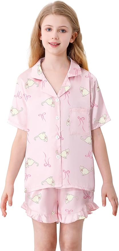 Umeyda Girls & Women Satin Pajamas Set Button Down 2 Piece Silk Pjs Shorts Set Ruffle Sleepwear, 5 Years-Women L