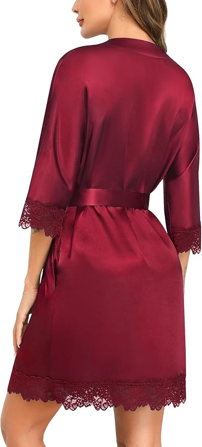 SWOMOG Women's Satin Robe Set 2 Piece Sexy Pajamas Sets Lace Cami Nightgown and Silk Robes Nightwear