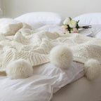 ATMOSURELY Ultra Soft Chenille Cable Knit Throw Blanket with Handmade Pom Poms Cozy Fluffy Knitted Blanket Lightweight Warm Woven Farmhouse Blanket for Bed Sofa Couch 50x60 Inches (Geometry Beige)