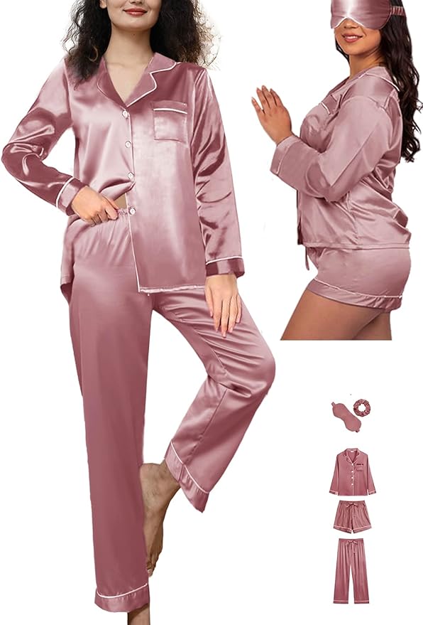 WJing Yi Jia 5Pcs XS-XXL Womens Silk Satin Pajamas Sets Long Pj Sets Button Down Pjs Set Loungewear Sleepwear