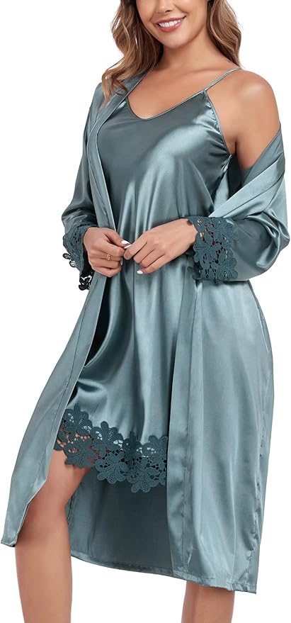 BestWendding Women's Silk Robe Set 2 Pieces Pajamas Sets Sexy Soft Satin Robe with V Neck Camisole Lingerie Nightgown