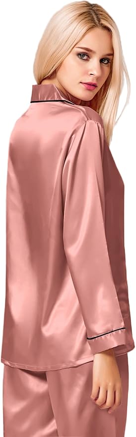 SWOMOG Womens Silk Satin Pajamas Set Long Sleeve Button Down Sleepwear 2 Piece Lounge Set Pj Set XS-3XL