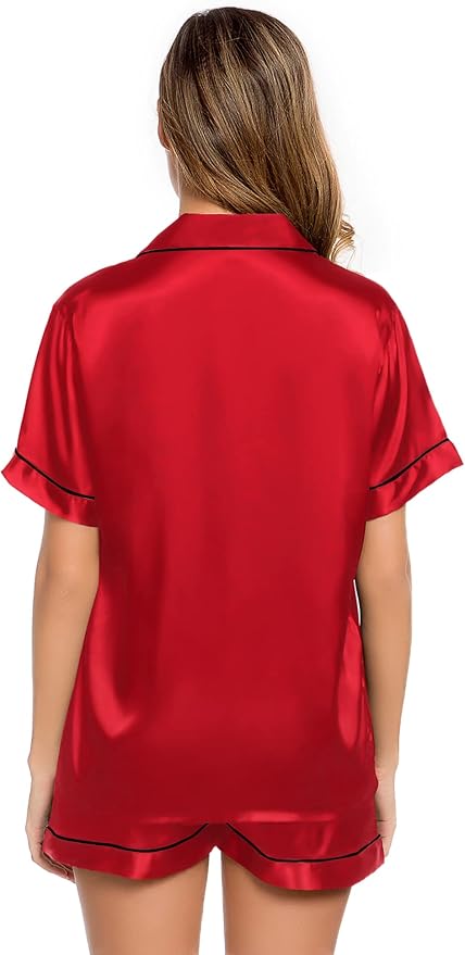 LecGee Womens Silk Satin Pajamas Short Sleeve Loungewear Two-Piece Sleepwear Button-Down Pj Set