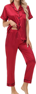 Women's Satin Pajama Set Short Sleeve Silk Top and Pants Set Classic Button Down 2-Piece Sleepwear Loungewear