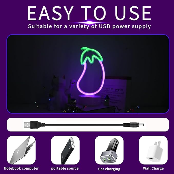 ENUOLI Eggplant Shaped Neon Sign,LED Eggplant Neon Sign for Bedroom Purple Eggplant Lights USB/Battery Operated Lamp Purple Room Decor Light Up for Games Room Living Room Party