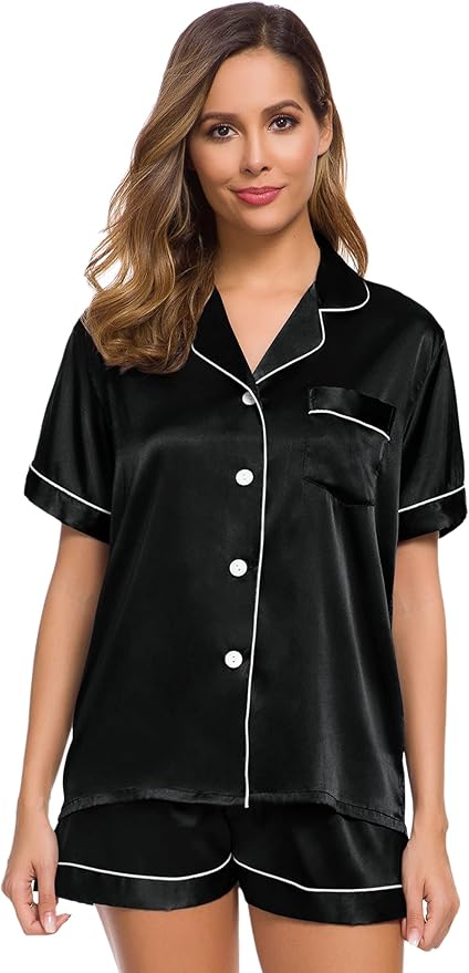 SWOMOG Womens Silk Satin Pajamas Set Short Sleeve Sleepwear Button Down Top and Shorts Loungewear 2 Piece Pjs Set XS-3XL