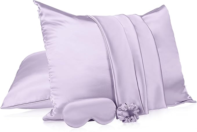 2 Pack Satin Pillowcase with Hidden Zipper, Adjustable Satin Eye Mask for Sleeping and Satin Volume Scrunchie for Hair and Skin, Standard Size(Purple,Classic Style)