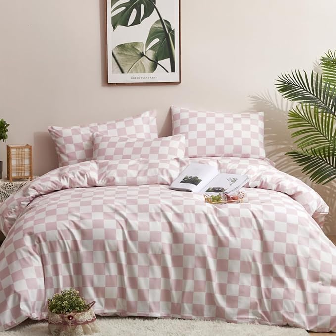 CLOTHKNOW Pink White Plaid Comforter Set Queen Grid Bedding Comforter Sets Soft Checkered Queen Comforter with 2 x Pillow Cases
