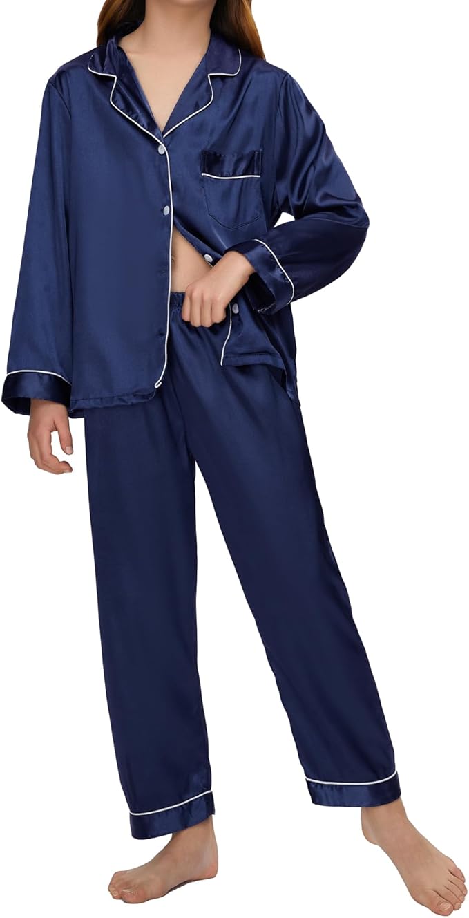 EPLAZA Kids Satin Pajamas Sets Girls Boys Button-Down Silky Pajamas Sleepwear with Hairband Eye Mask Hair Tie