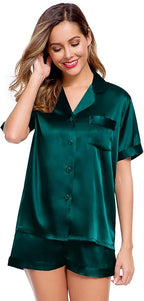 LecGee Womens Silk Satin Pajamas Short Sleeve Loungewear Two-Piece Sleepwear Button-Down Pj Set