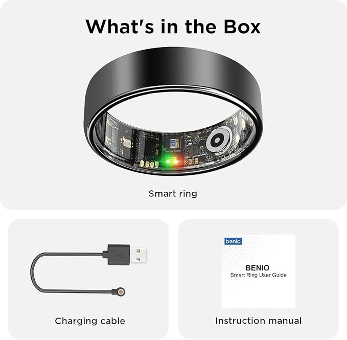 BENIO Gen 2 Smart Ring for Women & Men, Heart Rate,Fitness Tracker with Sleep，Step/Sleep/Blood Oxygen/Heart Rate Tracker, 5ATM Waterproof for iOS and Android,No Subscription, Xmas Gifts,Black 6