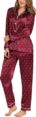 SWOMOG Womens Silk Satin Pajamas Set Long Sleeve Button Down Sleepwear 2 Piece Lounge Set Pj Set XS-3XL