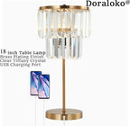 Bedside Lamp for Bedroom, Gold Crystal Table Lamp 18 Inches, Tiffany Clear Crystal Drops, USB Charging Port, E12 Socket, 6W LED Bulb Included, Golden Decorative Desk Light(1 Pack, Brass Finish)