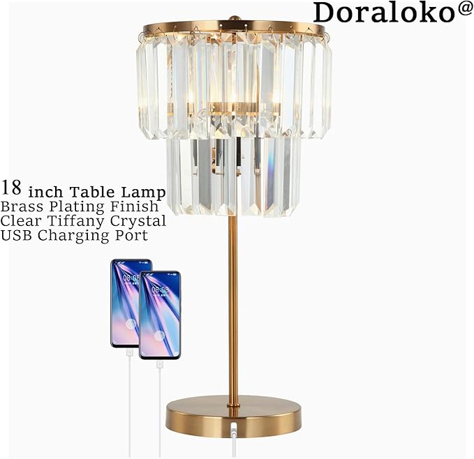Bedside Lamp for Bedroom, Gold Crystal Table Lamp 18 Inches, Tiffany Clear Crystal Drops, USB Charging Port, E12 Socket, 6W LED Bulb Included, Golden Decorative Desk Light(1 Pack, Brass Finish)