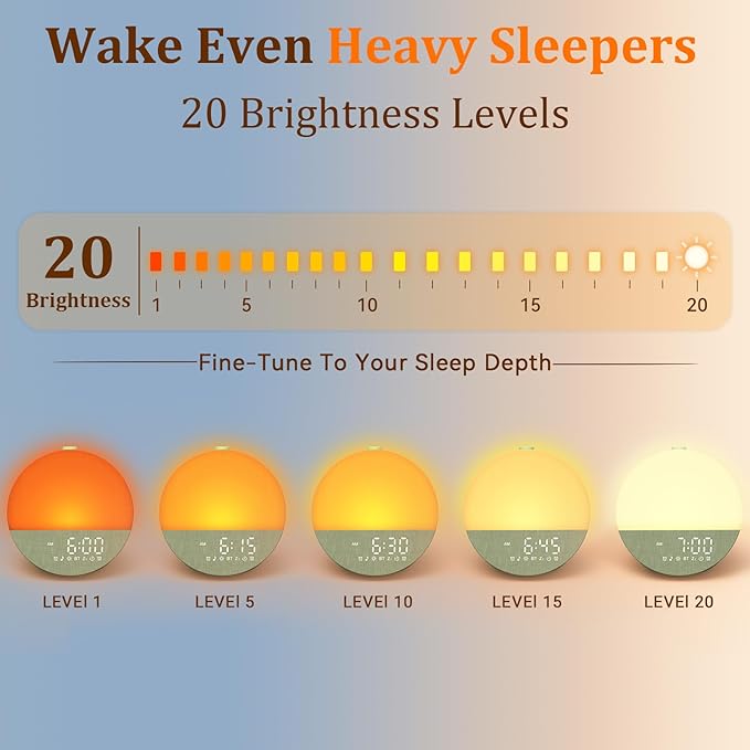 Wkzay Wake Up Sunrise Alarm Clock: 10-60 Minutes Simulate Sunrise for Gentle Wake Up - 20 Adjustable Brightness Bright Enough for Heavy Sleepers - Dual Alarms with Sound Machine