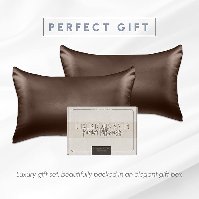 Elegant Comfort 2-PACK Cooling Viscose Satin Pillowcase Set with Hidden Zipper closure, Silky Smooth for Hair and Skin Care-Beautiful Gift Box-2-Piece Satin Pillowcases, Standard/Queen,Chocolate Brown