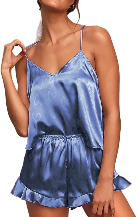 CHYRII Women's Sexy Silk Satin Ruffled Pajamas Sets Cami Shorts Sets Sleepwear